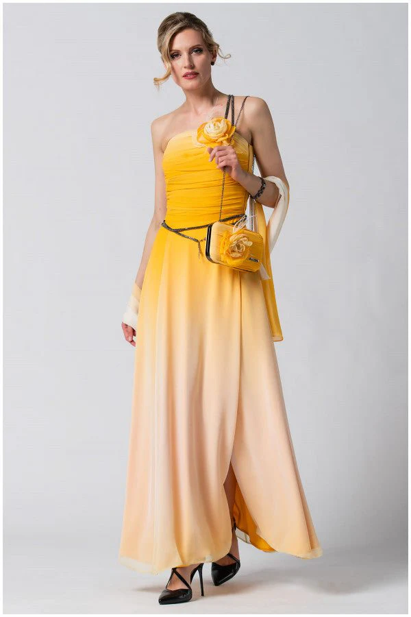 Ombre yellow–peach gown with draped detailing